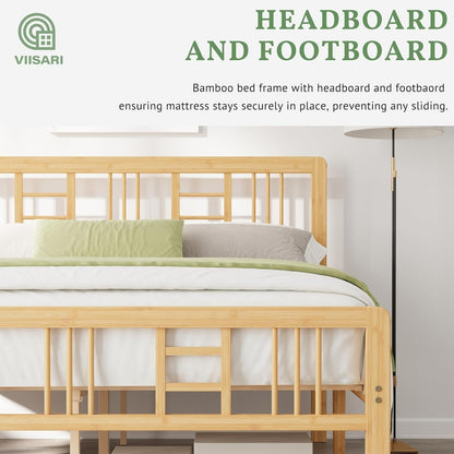 Viisari Bamboo Wood Queen Bed Frame with Headboard and Footboard, 10 Inch Platform Bed Frame Queen Size No Box Spring Needed with Steel Slats, Solid Foundation, Easy Assembly, Ample Under-Bed Storage
