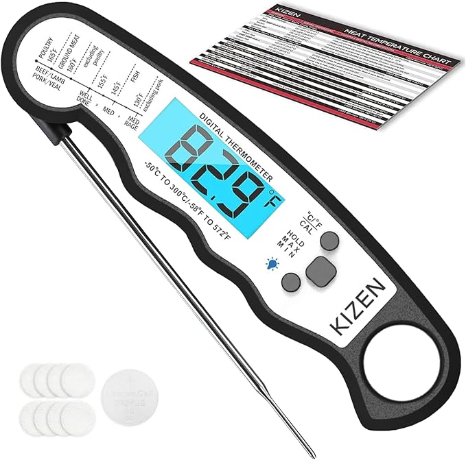 Kizen Instant Read Meat Thermometer Digital - Food Thermometer for Cooking, Grill, Oven, BBQ - Waterproof and Backlit Display - Kitchen Gadgets