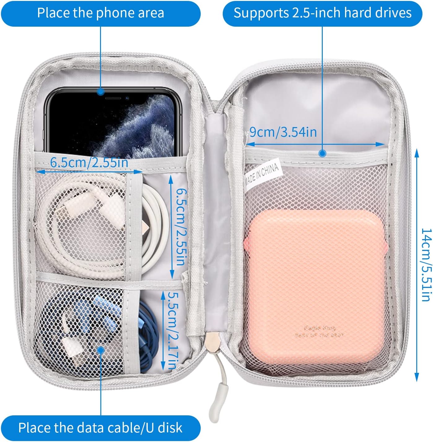 Vesaneae Small Cable Organizer, 19 x 10 x 3 cm Travel Bag for Cables, Electronic Accessories Organizer, Travel Cables Case, Portable Electronics Accessories Bag for Cables, grey, Hand Luggage
