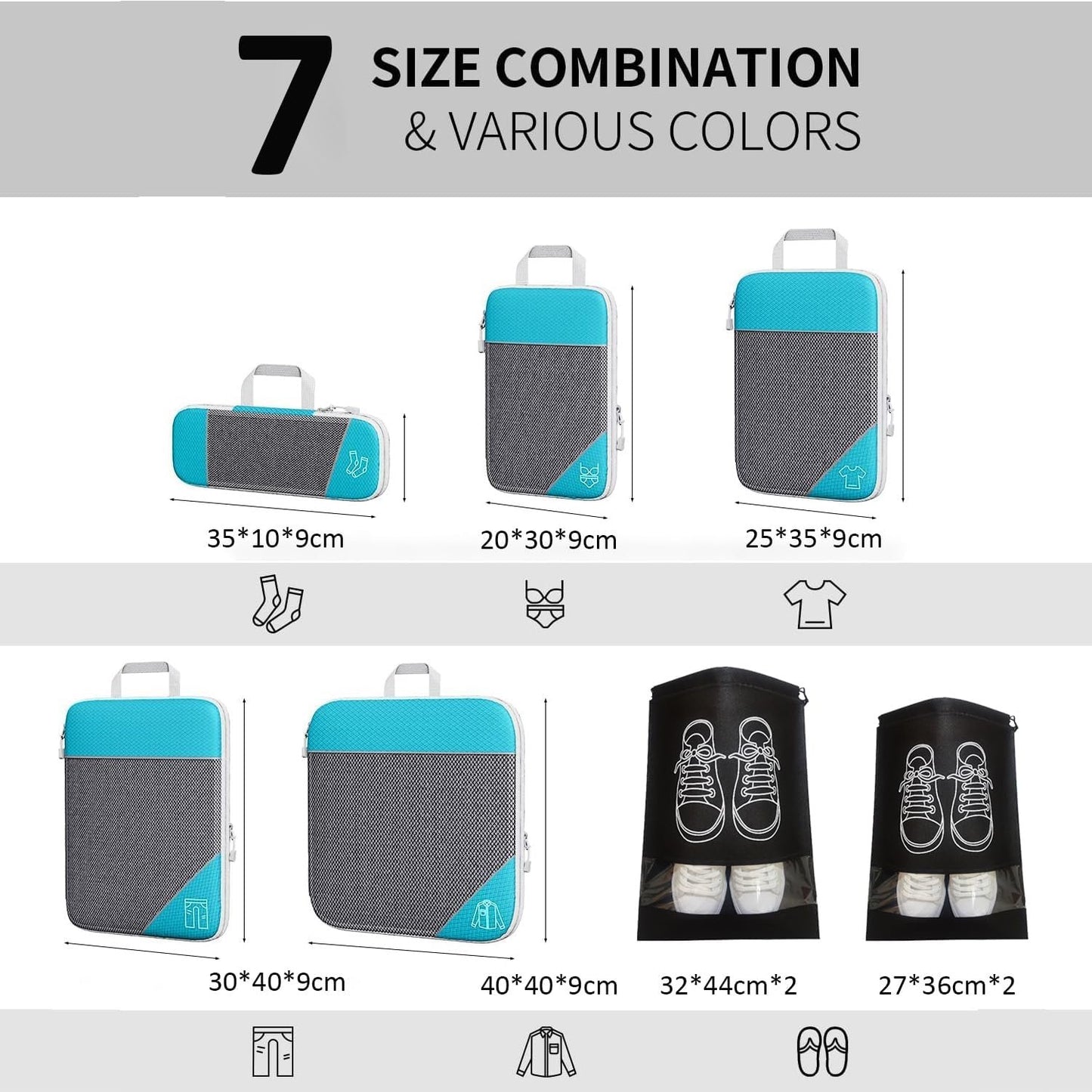 Compression Packing Cubes, Set of 9 Areaphmet Travel Packing Organisers travel packing cubes set Compression Bags for Travel Luggage Organizers for Suitcases Travel Accessories (Skyblue- 9pcs)