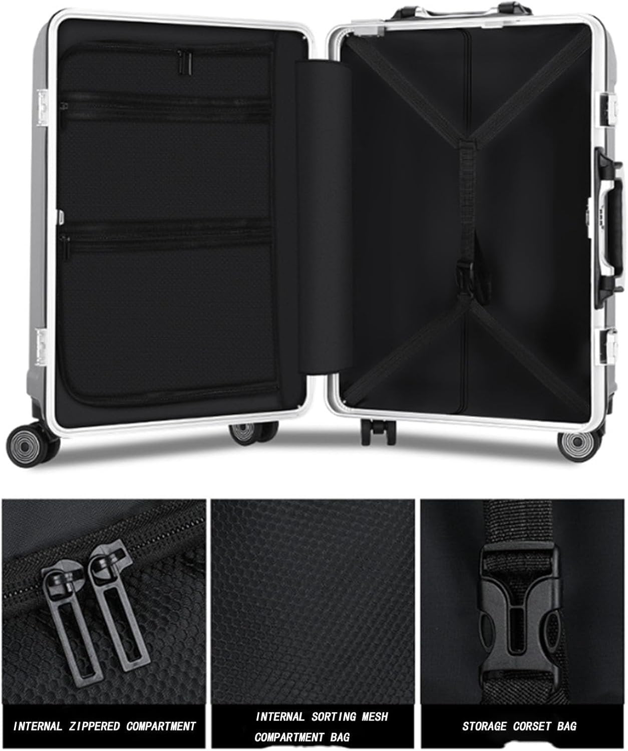 GUHPZA Anti-Scratch and Pressure Resistant Suitcase, Charging Port, Password Lock, Height Adjustable Trolley Case for Business Travel (Green Silver Frame E)