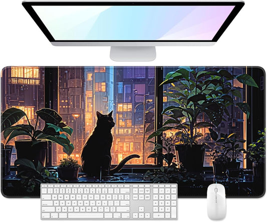 Desk Pad, 32" x 16" XXXL Extended Large Gaming Mouse Pad, Desktop Decor Desk Mat, Men Women Office Supplies and Accessories, Cute Anime Mouse Mat for Laptop & Keyboard, City Cat