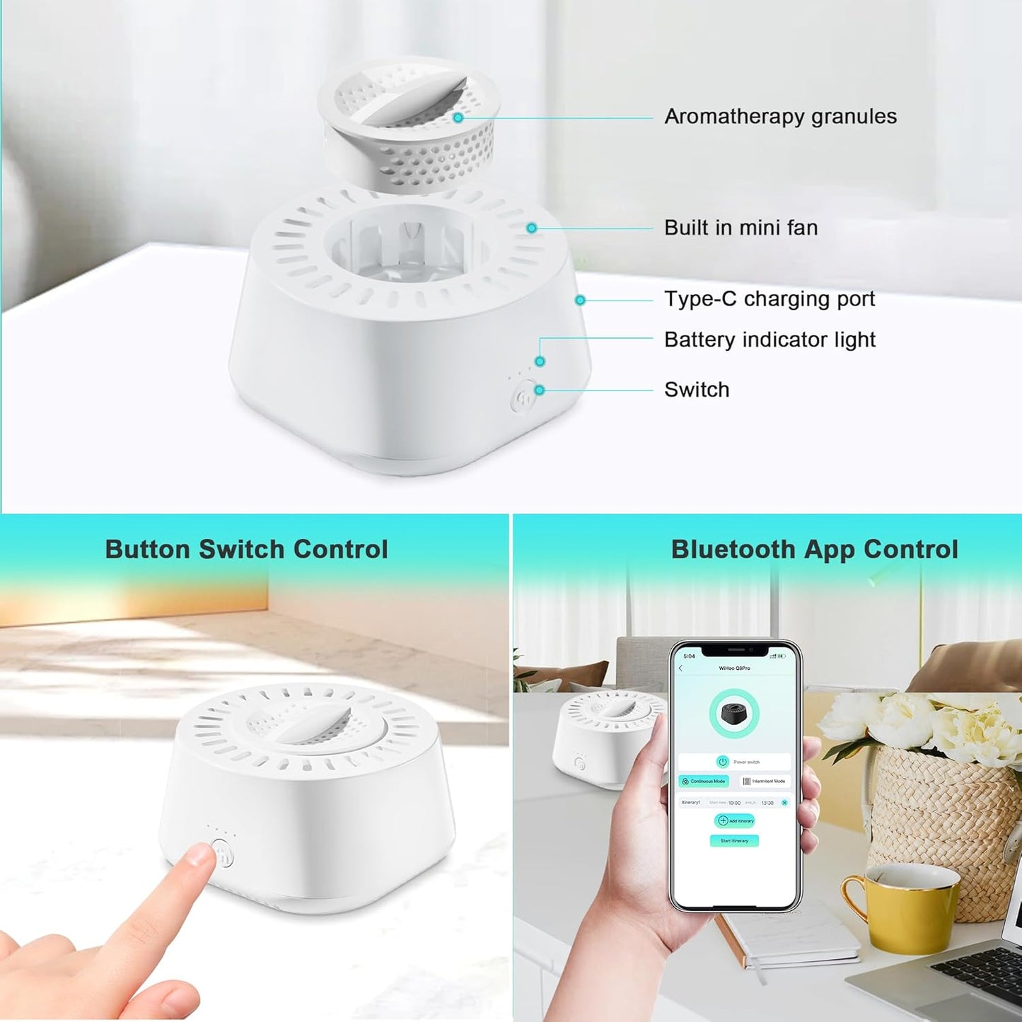 WEGA Aromatherapy Diffuser Rechargeable with Bluetooth APP Control,Timer and Auto-Off Safety,Portable Aromatherapy Air Diffuser for Home Office Bedroom (Lavender Fragranc, White)