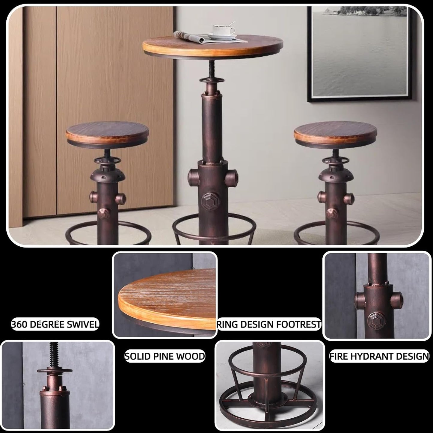 BOKKOLIK Industrial Bar Table Swivel Round Wooden Top Height Adjustable 38.6-44.4inch Vintage Kitchen Dining Chair Coffee Table Hydrant Design Bistro Table