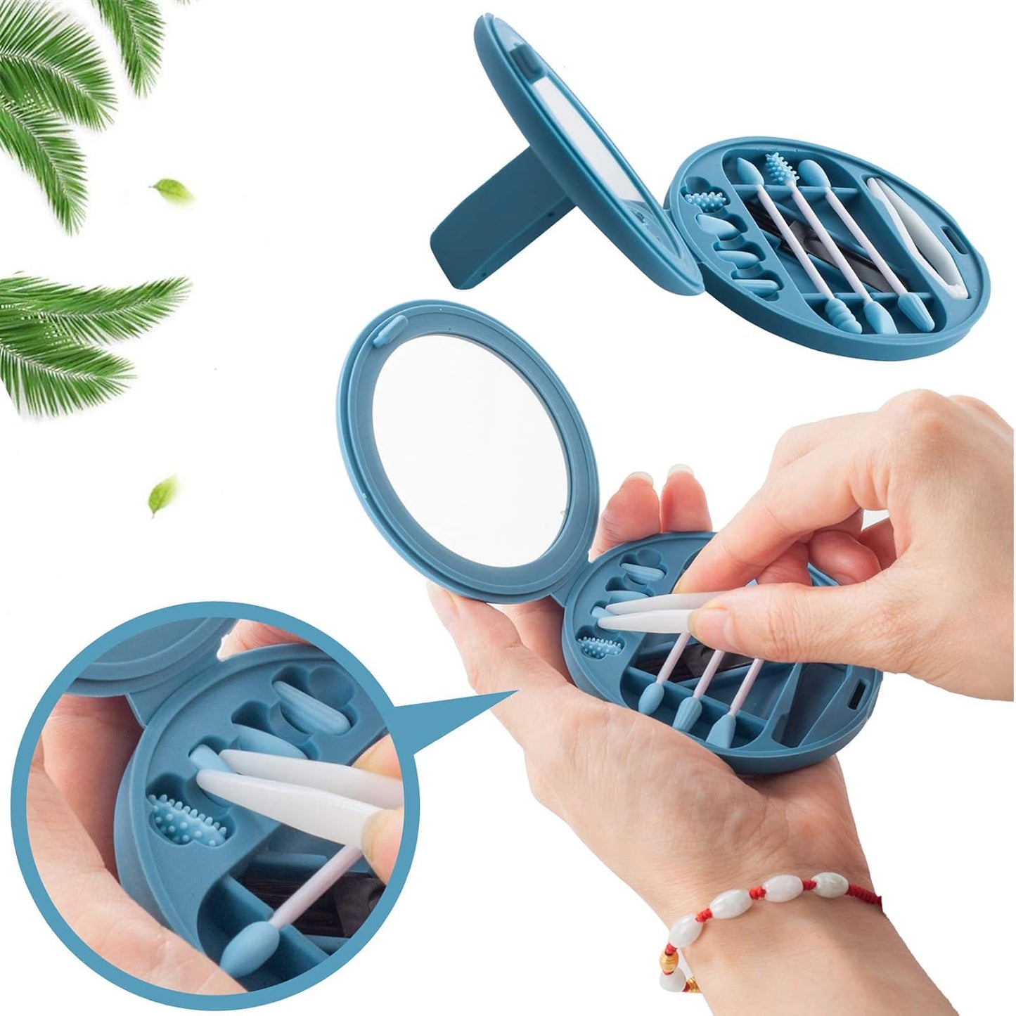 Strogem Reusable Cotton Swabs with 1 Mirror for Makeup Application and Cleaning, Multifunctional Portable Washable Silicone Q-Tip (Blue)
