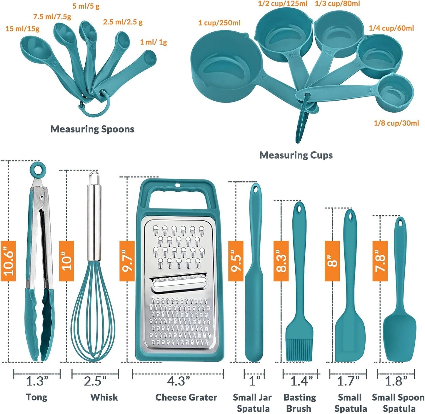 22-Piece Mixing Bowls with Teal Blue Lids & Accessories Set, E-far Stainless Steel Nesting Bowls with Covers & Non-Slip Bottoms, Metal Bowls for Cooking/Baking/Serving/Storage -Size 7/3.5/2.5/1.5/1 QT
