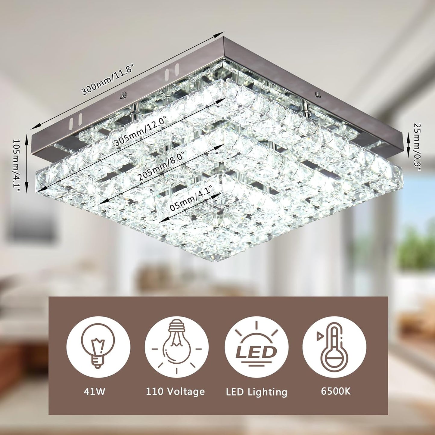Cainjiazh 11.8 inch Crystal Chandelier LED Flush Mount Crystal Ceiling Light Modern Crystal Chandelier Square Ceiling Light for Bedroom Hallway Kitchen Office Without Remote Control