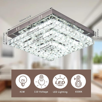 Cainjiazh 11.8 inch Crystal Chandelier LED Flush Mount Crystal Ceiling Light Modern Crystal Chandelier Square Ceiling Light for Bedroom Hallway Kitchen Office Without Remote Control