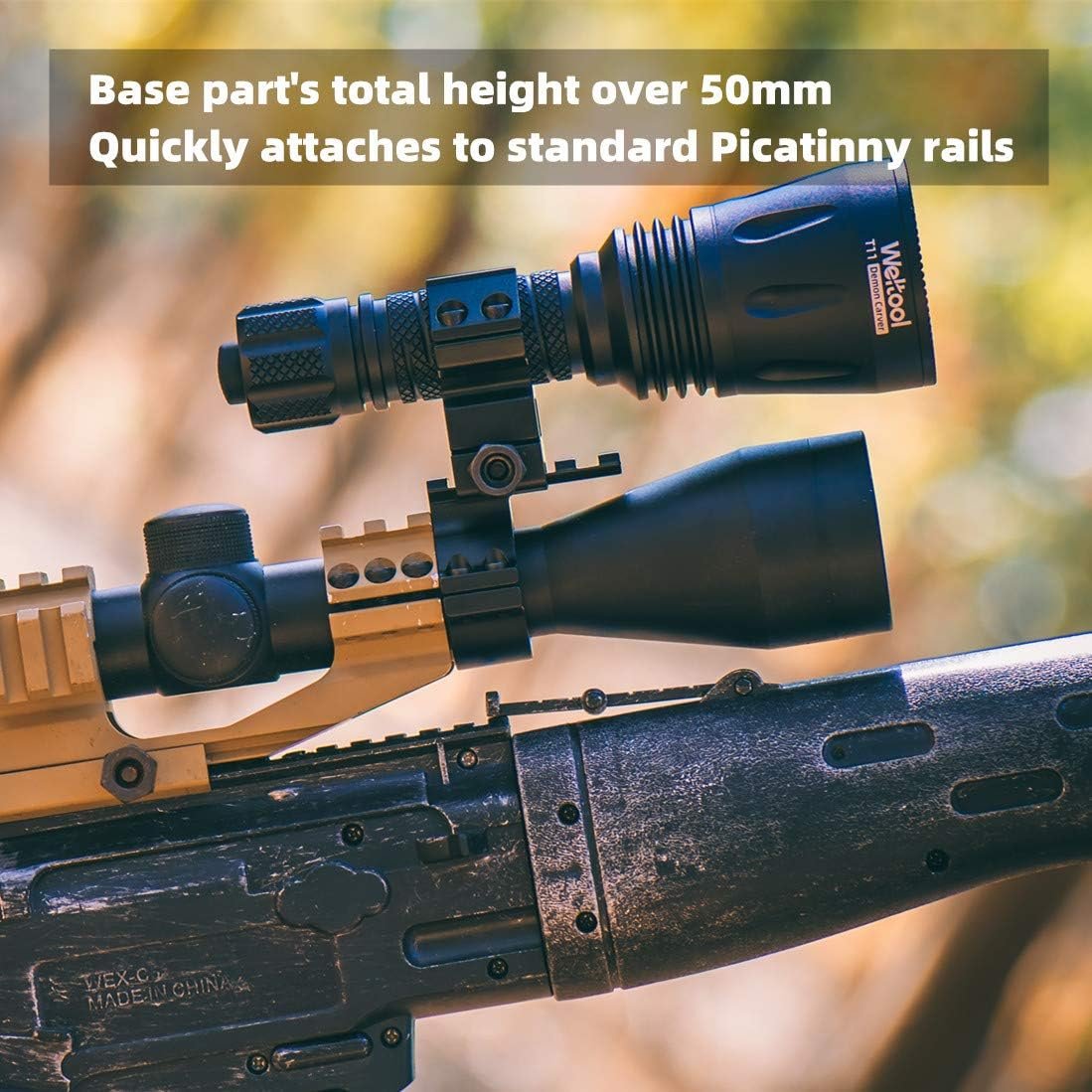Weltool PM23 Flashlight Mount 1-inch / 30mm Riflescope Rings Barrel Clamp Mount with Picatinny Rail for Magnifiers, IR Flashlights,aim and Night Sight, Tactical Light (Heighten Space)