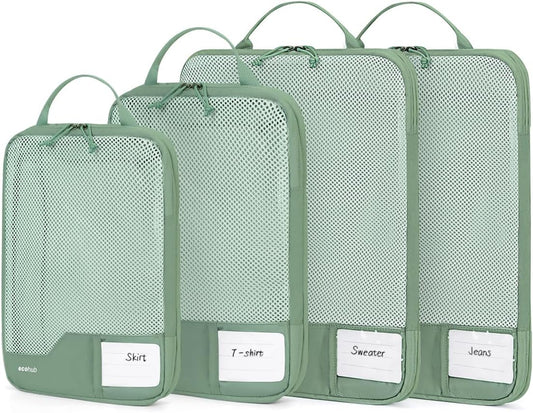 ECOHUB 4pcs Compression Packing Cubes, Suitcases Organiser Bag with Tag, Recycled Travel Packing Bags for Backpack, Tear-resistant Storage Pouch for Carry On Luggage (Green)
