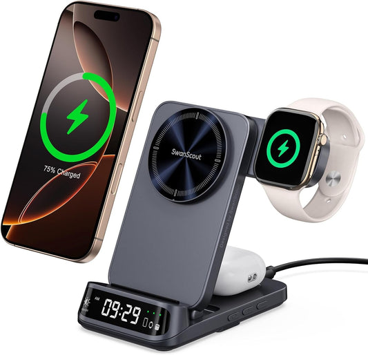 Wireless Charger Stand Compatible with MagSafe, SwanScout 708M, Foldable 3 in 1 Magnetic Wireless Charging Station for iPhone 15/14/13/12 Series, Travel Charger for Apple Watch, AirPods (No Adapter)