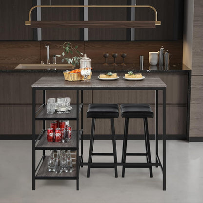 Giantex 3-Piece Dining Table Set, Counter Height Table Set w/2 Bar Stools, Modern Industrial Bar Table Set w/3 Tier Storage Shelves, Iron Frame, Soft Cushion, Perfect for Home, Kitchen, Dining Room