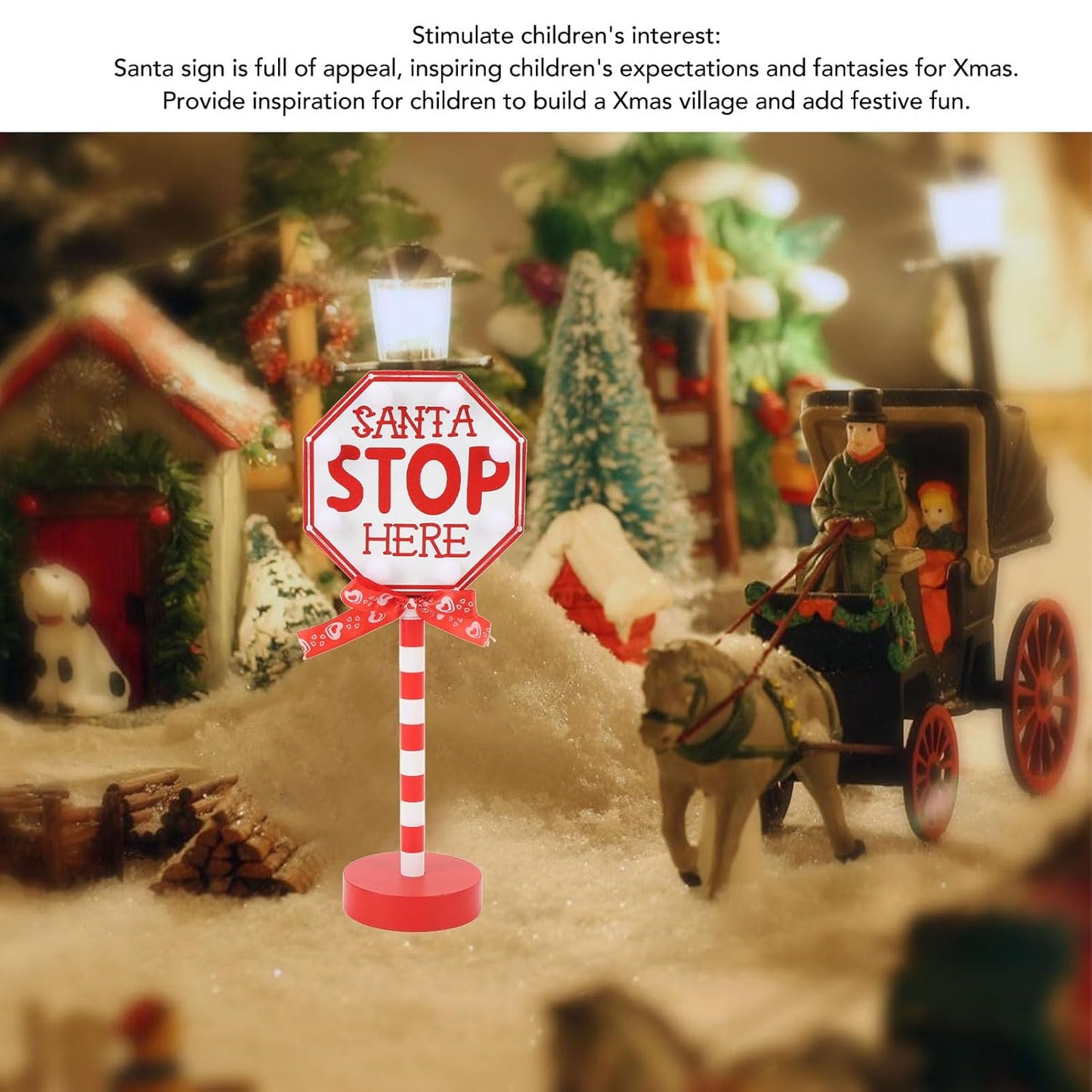 Santa Stop Here Sign Desktop Lamp with LED Warm Light Suitable for Xmas Ambience Santa Stop Here Pole Sign