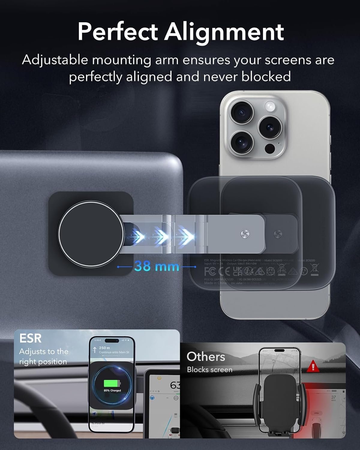 ESR for MagSafe Car Mount Charger, Foldable Dashboard Magnetic Wireless Car Charger for Tesla, for MagSafe Car Charger, Tesla Touchscreen Car Phone Holder for iPhone 16/15/14/13/12, S25,Strong Magnets