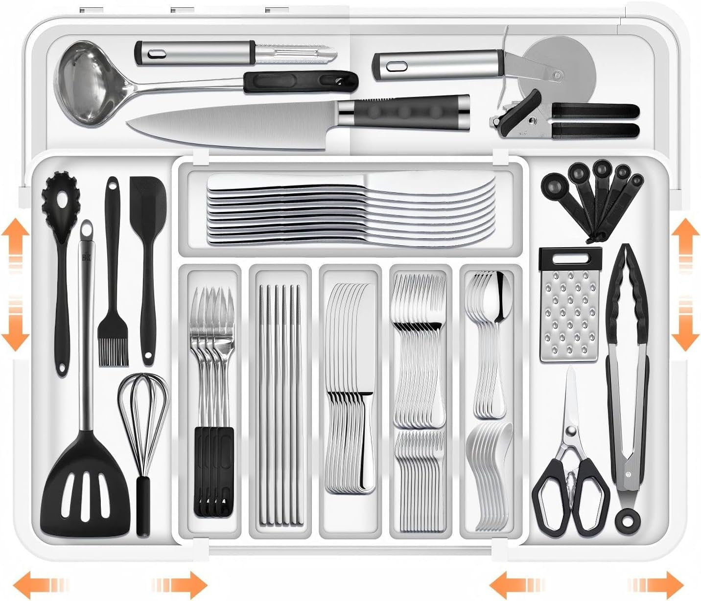 Xkimos Larger Cutlery Drawer Organiser with 9 Compartments, 3-sided Expandable Kitchen Drawer Organiser, Non-Slip,Large for Spoons, Forks and Knives (White)