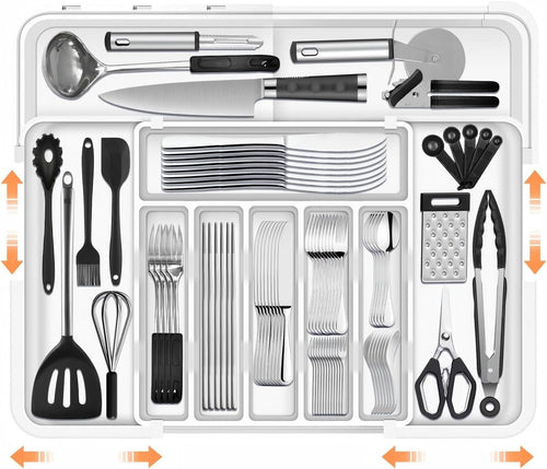 Xkimos Larger Cutlery Drawer Organiser with 9 Compartments, 3-sided Expandable Kitchen Drawer Organiser, Non-Slip,Large for Spoons, Forks and Knives (White)