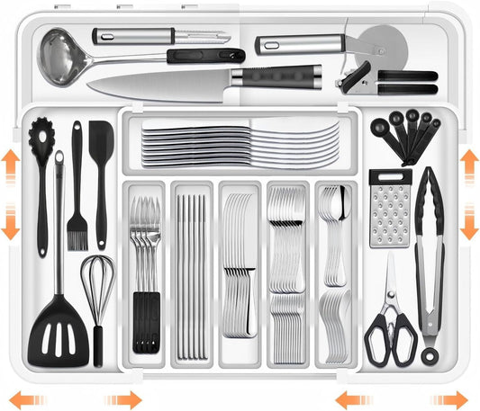 Xkimos Larger Cutlery Drawer Organiser with 9 Compartments, 3-sided Expandable Kitchen Drawer Organiser, Non-Slip,Large for Spoons, Forks and Knives (White)