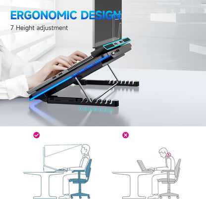 LIANGSTAR Laptop Cooling Pad, Laptop Cooler with 6 Quiet Fans for 12-17 Inch Notebook Gaming Fan Stable Stand, 7 Height & Wind Speed Adjustable, Blue LED Light can Turned Off，2 USB Port & Phone Holder