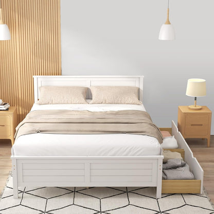 DORTALA Full Wood Bed Frame with 2 Drawers, Modern Platform Bed with Solid Wood Headboard & Footboard, Wooden Slats Support Mattress Foundation, No Box Spring Needed, Easy Assembly, White