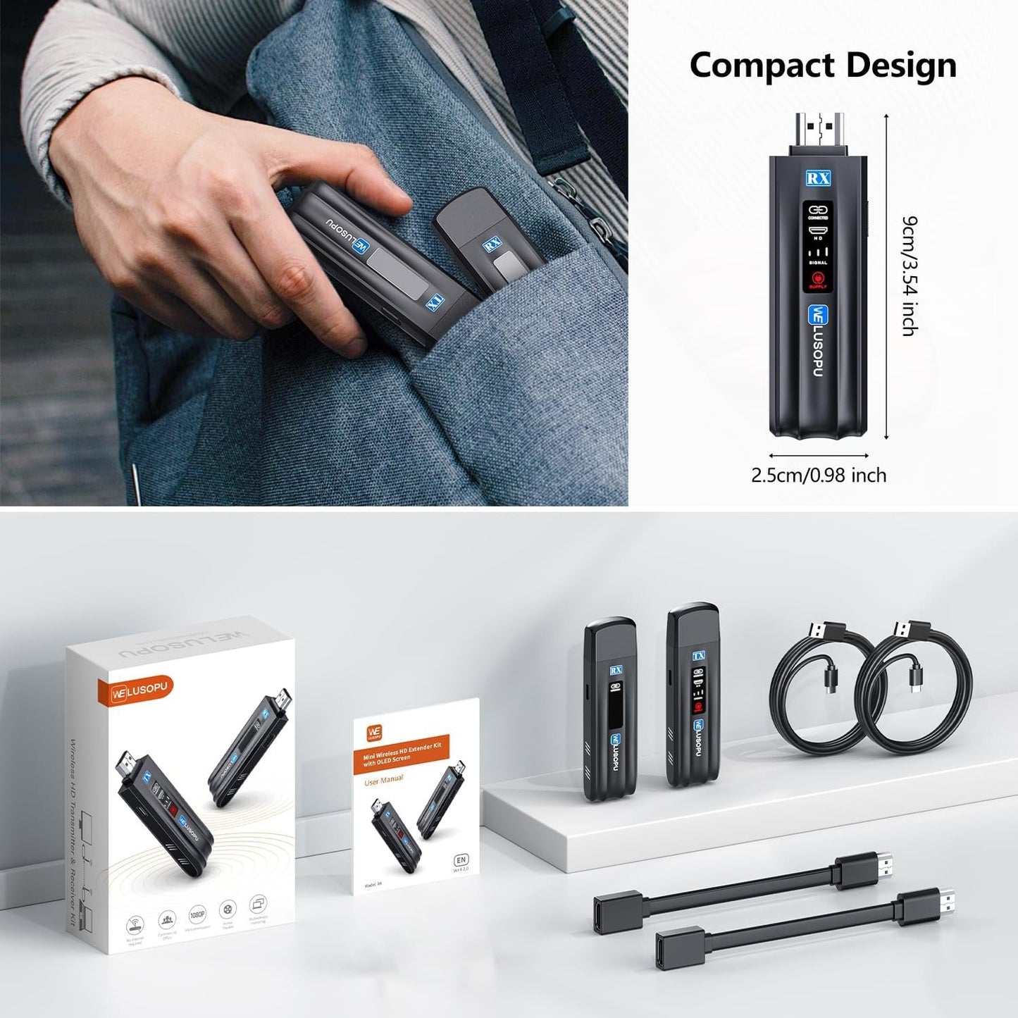 WELUSOPU Wireless HDMI Transmitter and Receiver with LED Display, HDMI Wireless Extender 1080P@60Hz, 2.4/5G, 165FT Range for Laptop PC Camcorder TV Box to TV Monitor Projector for Home Church Office