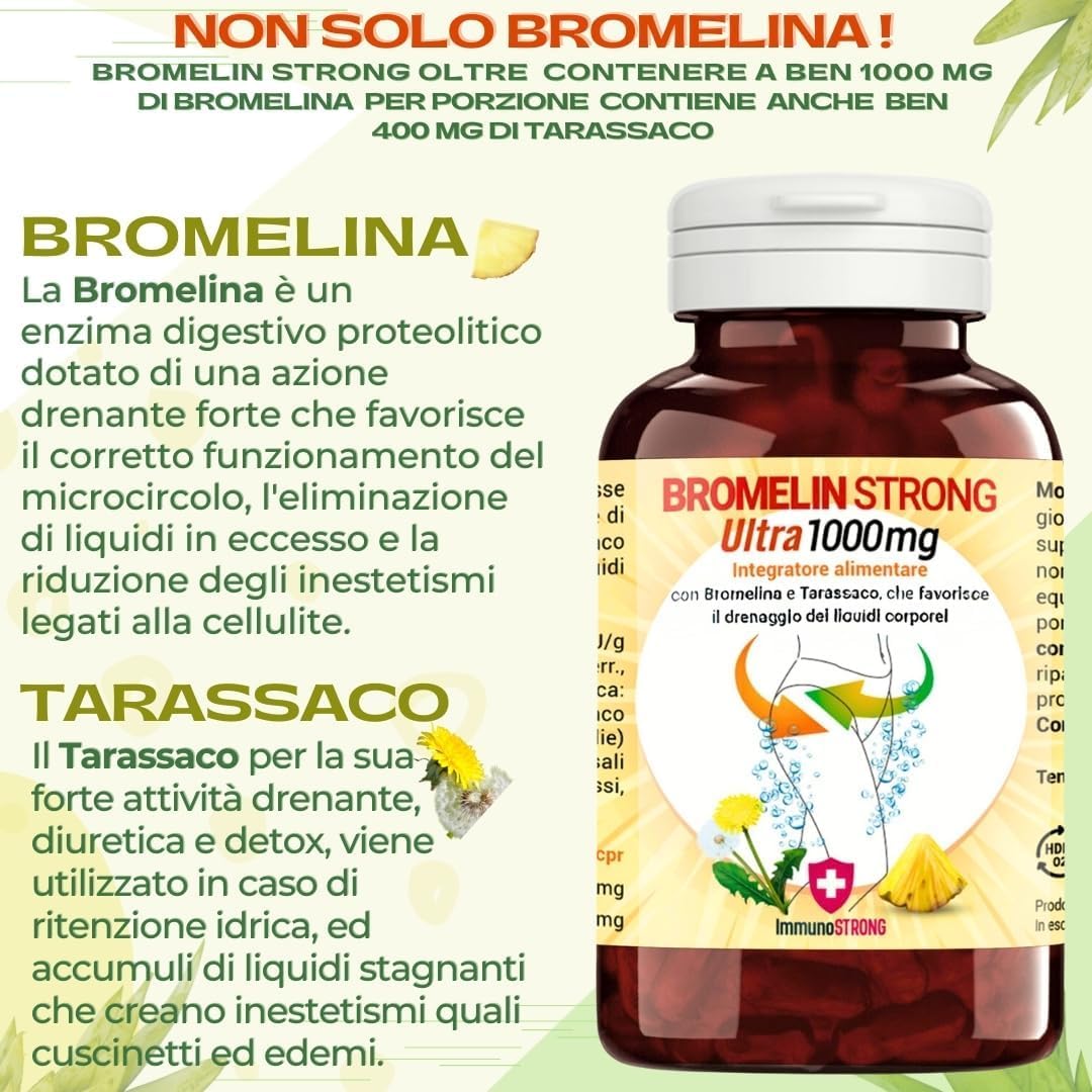 Bromelain Forte Draining - Pure Draining Bromelain High Dosage 5000 Gdu with Dandelion with Anti-Cellulite and Detox Action 120 Tablets 1000 Mg - ImmunoSTRONG