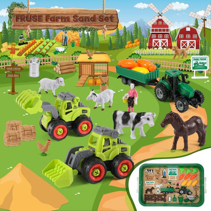 FRUSE Play Sand Farm Animal Toys,Sensory Bins for Toddlers with 1KG Sensory Play Sand,Farm Figures & Tractor Playset,Sandbox for Kids 3 4 5 6 7