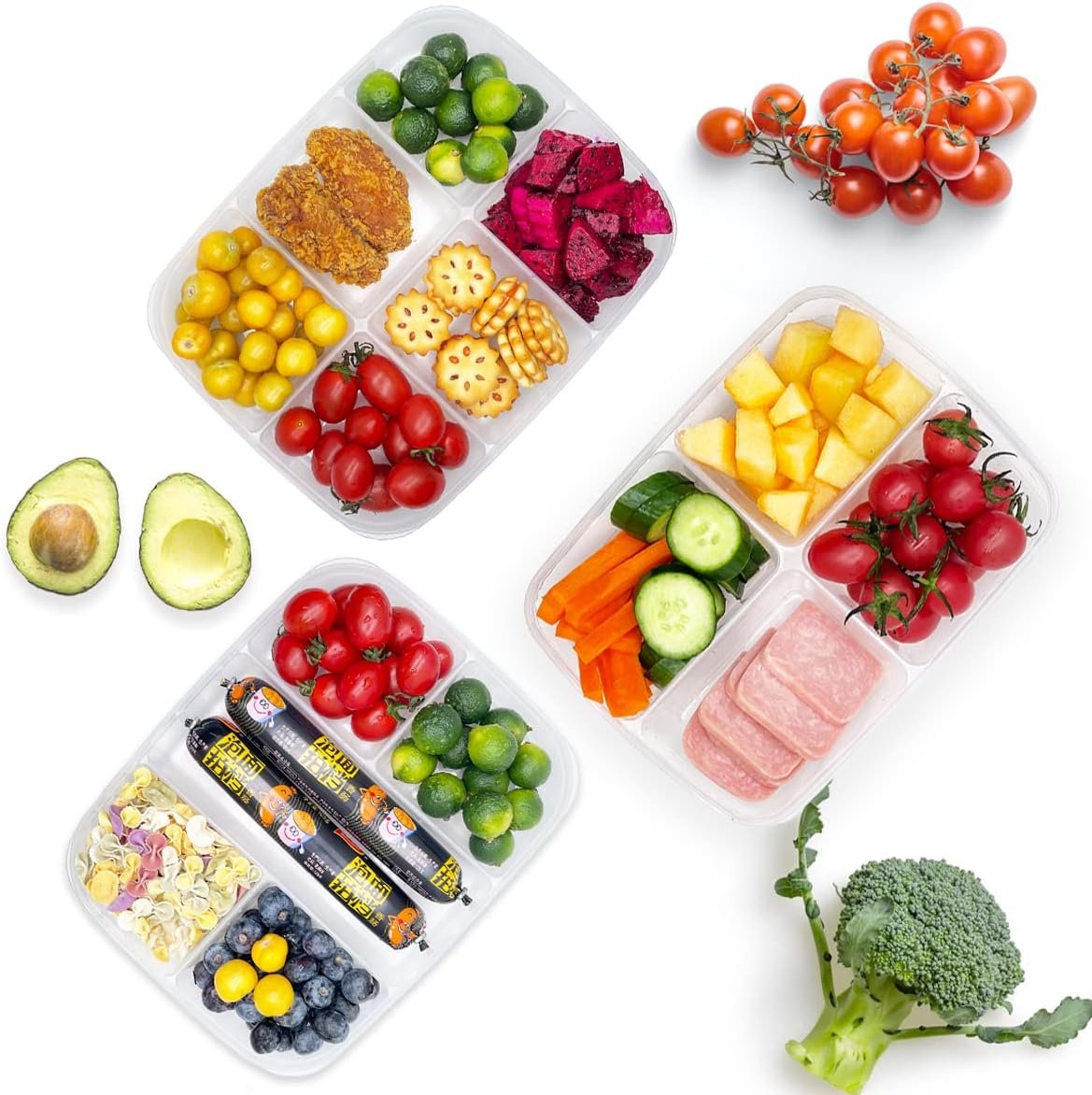 TeTeBak Bento Box - 6-Compartment Reusable Bento Lunch Box for School, Work, and Travel, Food Prep Containers, Snack Containers for Kids, Portion Control Bento Lunch Box for adult, Set of 2, Clear