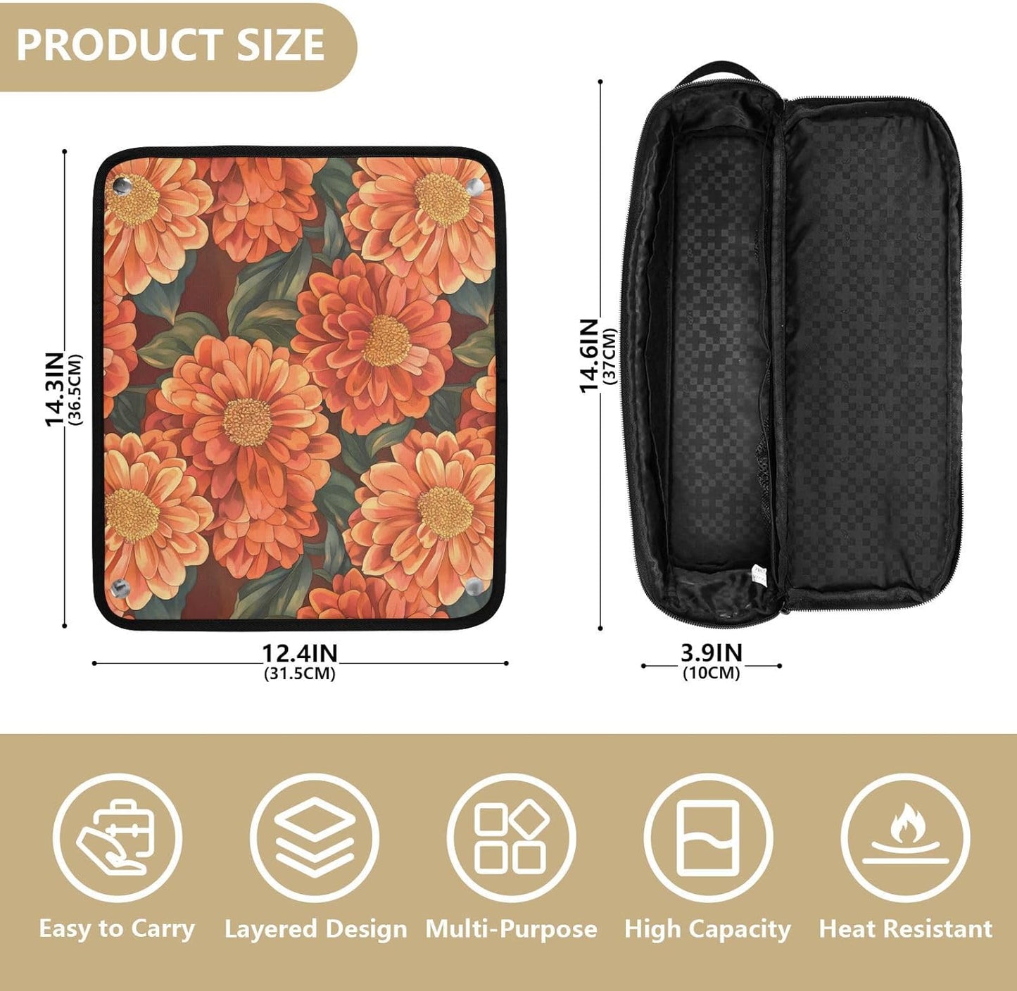 Borsa da viaggio per strumenti per capelli con motivo floreale arancione e tappetino resistente al calore, custodia da viaggio portatile per strumenti caldi e accessori per la cura dei capelli
