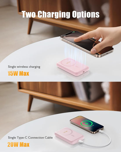 QECVEC Mag-Safe Power Bank - 10000mAh Magnetic Portable Charger with 15W Wireless Fast Charging & 20W PD Wired Charging, Compatible for iPhone 12/13/14/15/16 Series. (Pink)