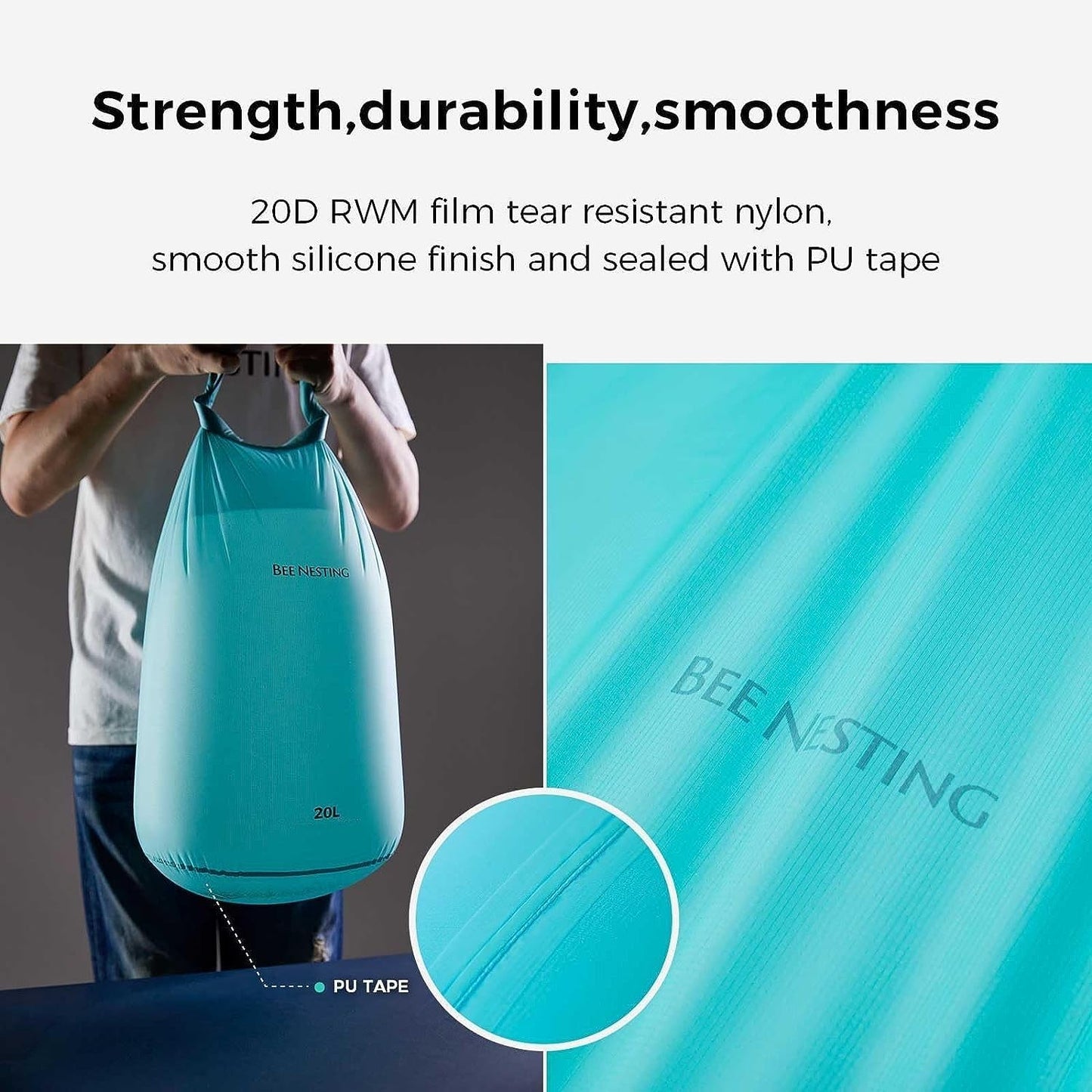 BEE NESTING Ultralight Dry Bag Large 3 Piece Set - Waterproof Siliconized Dry Sack Accessory for Lightweight Travel, Boating, Kayaking, Camping, Swimming(12L 20L & Shoulder Strap 3 Pack)