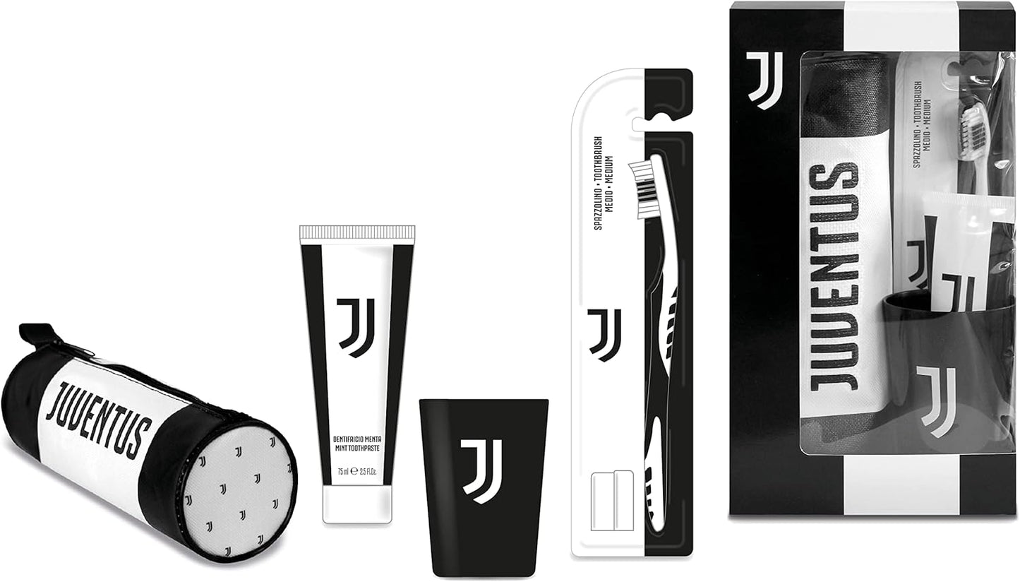 Naturaverde | Kids Football Team Juventus Oral Care Kit, Manual Toothbrush with Medium Bristles, Mint Toothpaste 75 ml, Cup with Logo and Case with Logo
