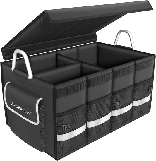 Car Trunk Organizer for SUV, ONATISMAGIN Collapsible Multi Compartments Trunk Storage Organizer, Waterproof Car Storage Organizer with Foldable Lid, Aluminium Handle, Non Slip Bottom (Black)