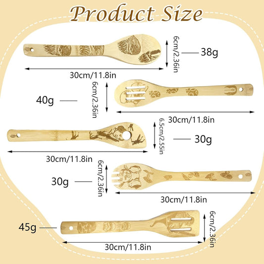 Utensils Set with Burnt Wooden Spoons Anime, Anime Wooden Spoons, 5 Pcs Anime Gadgets Non-Stick Bamboo Cookware Set, Gifts for Housewarming and Weddings
