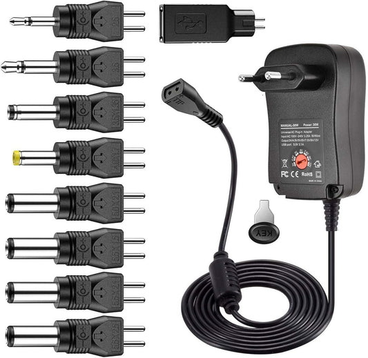 Universal Adjustable Transformer with Reversible Polarity 3 V 4.5 V 5 V 6 V 7.5 V 9 V 12 V 30 W AC DC Multi-voltage Adapter with 9 DC Connectors for Home Electronics