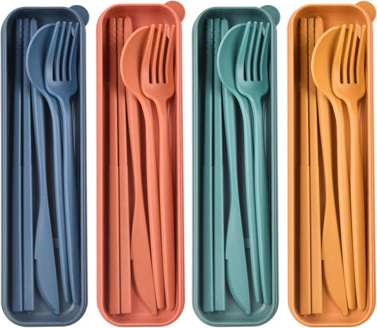 Travel Cutlery Set with Case, Plastic Cutlery Set, Reusable Utensils Set with Case, Portable Camping Cutlery Set for Lunch Box School Office Picnic Travel or Daily Use (4 Colors)
