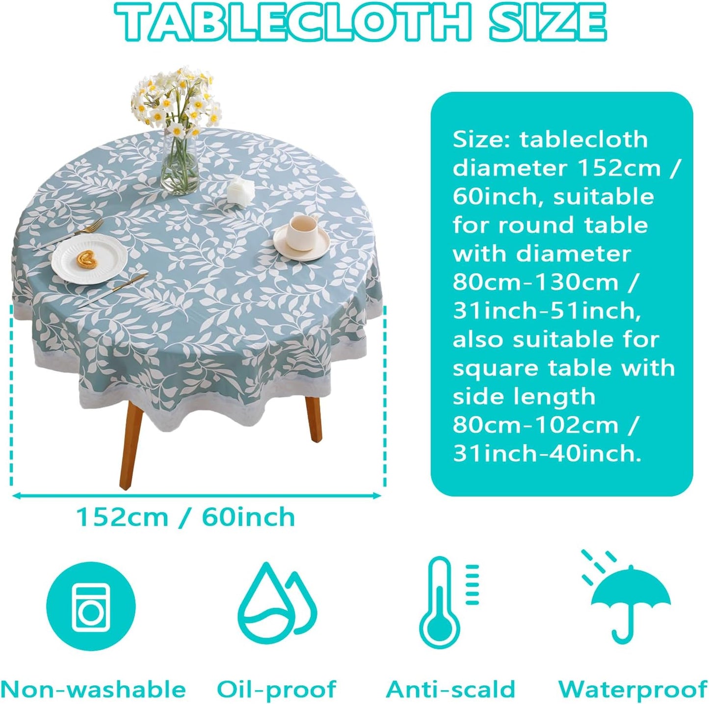 Round Tablecloth with Polyester Backing Oil Proof Table Cloth Waterproof Tablecloths Stain Resistant Non Washable PVC Table Cover for Kitchen Dining Party Tabletop Christmas Picnic (Small Leaf)