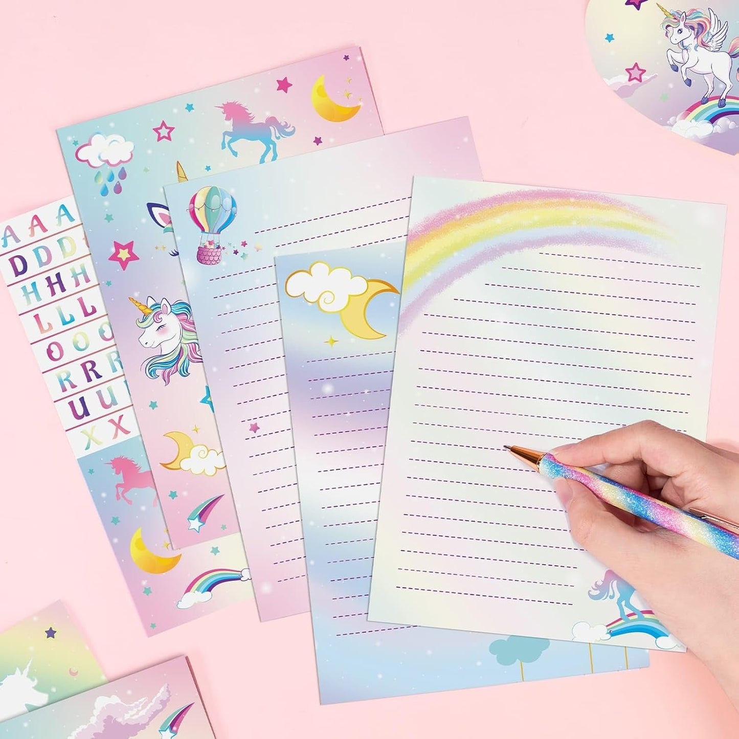 WERNNSAI Kids Stationery Set - 69 PCS Unicorn Girls Stationery Set Teens Pink Paper Letter Writing Set Stationery Writing Sheets with Envelopes Greeting Cards School Girls Unicorn Gift Set