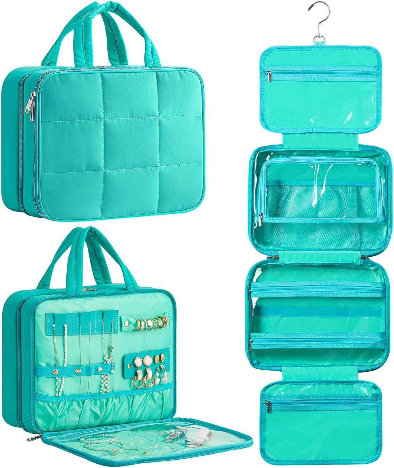 HBlife Travel Toiletry Bag with Jewelry Organizer for Women, Puffy Hanging Travel Bag for Toiletries with Trolley Belt, Waterproof Makeup Cosmetic Bag Organizer, Travel Accessories Essentials(Teal, M)