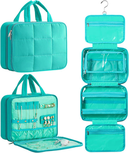 HBlife Travel Toiletry Bag with Jewelry Organizer for Women, Puffy Hanging Travel Bag for Toiletries with Trolley Belt, Waterproof Makeup Cosmetic Bag Organizer, Travel Accessories Essentials(Teal, M)