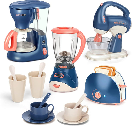 Kids Kitchen Pretend Play Toys,Kitchen Appliances Toy with Coffee Maker Machine,Blender, Mixer and Toaster with Realistic Light and Sounds, Play Kitchen Set for Kids Ages 4-8