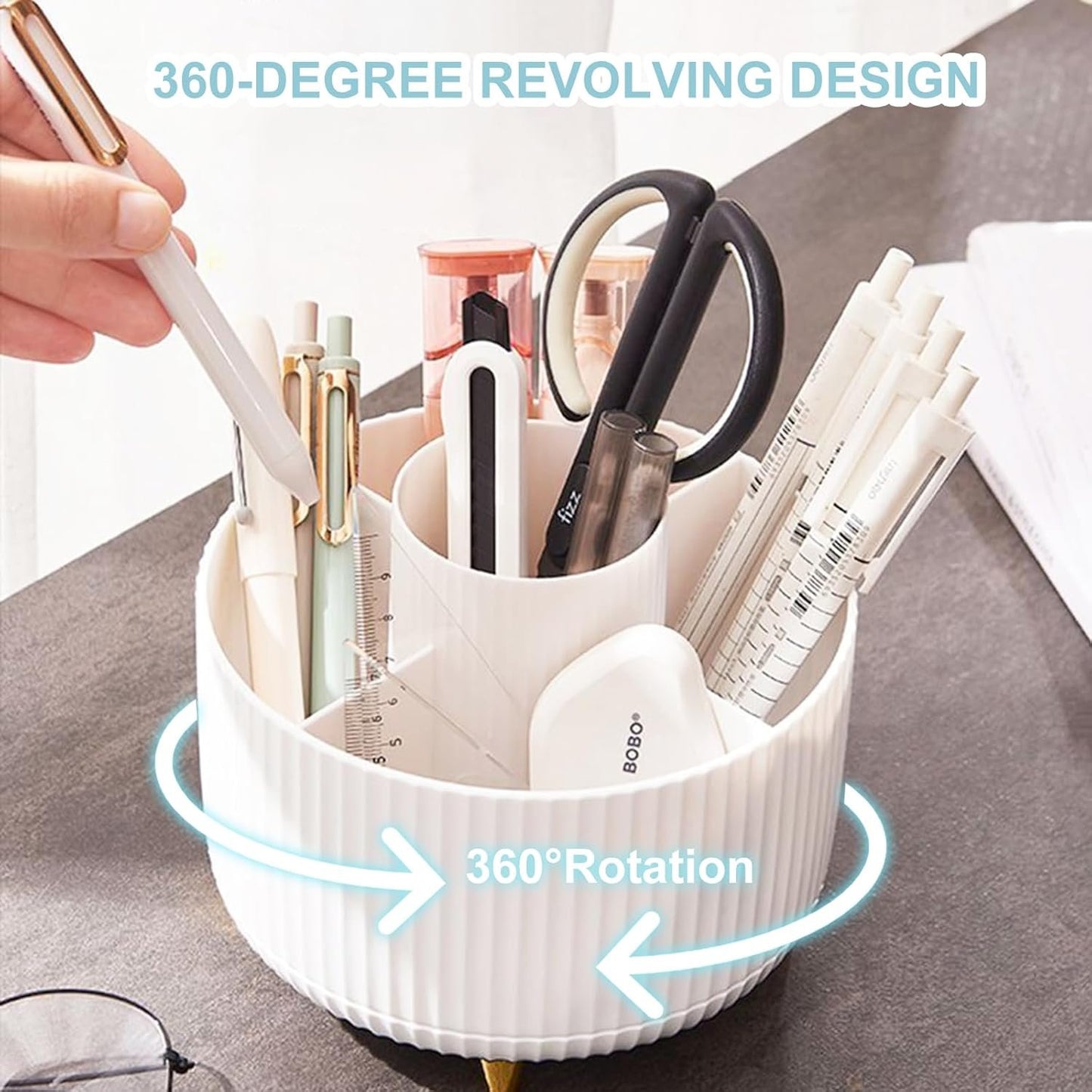 Cayxenful Pencil Holder For Desk,5 Slots 360°Degree Rotating Desk Organizers And Accessories,Desktop Storage Stationery Supplies Organizer, Cute Pencil Cup Pot For Office, School, Home (White)