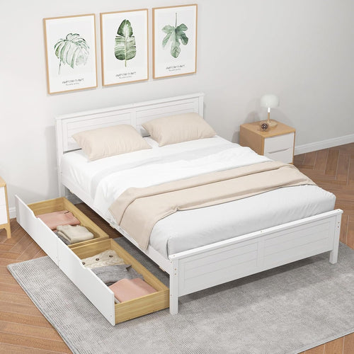 DORTALA Full Wood Bed Frame with 2 Drawers, Modern Platform Bed with Solid Wood Headboard & Footboard, Wooden Slats Support Mattress Foundation, No Box Spring Needed, Easy Assembly, White