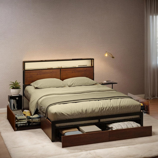 Bed Frame with Storage Headboard & 4 Drawers - LED Charging Station, Silent Metal Platform, No Box Spring Needed (Brown, Queen (U.S. Standard))
