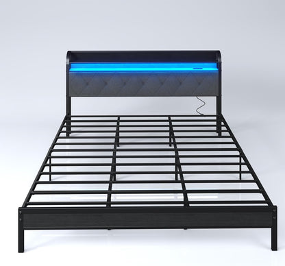 Bed Frame with Charging Station and LED Lights King Size,Upholstered Headboard with Storage Shelves(Dark Grey) Noise Free，Easy Assembly，No Box Spring Needed，Sturdy，Black+Rustic+ Brown