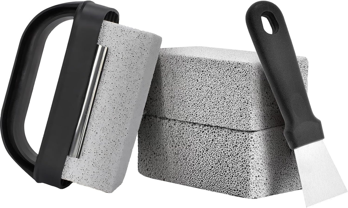 Griddle Stone Grill Brick - Grill Bricks Cleaning Block Barbecue Grill Cleaner Pumice Stone for Blackstone Griddle Accessories Flat Top Brick -3 PCS Grill Cleaning Bricks with Handle
