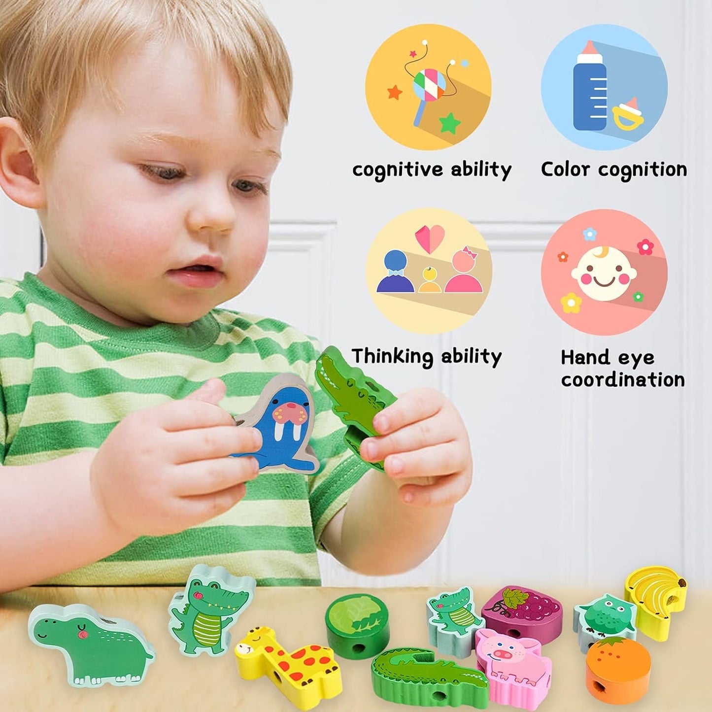 LITTLEFUN Preschool Montessori Wooden Threading Toys with Animals Fruits Number Alphabet Traffic Beads for Kids Toddler - Best Toy Gifts