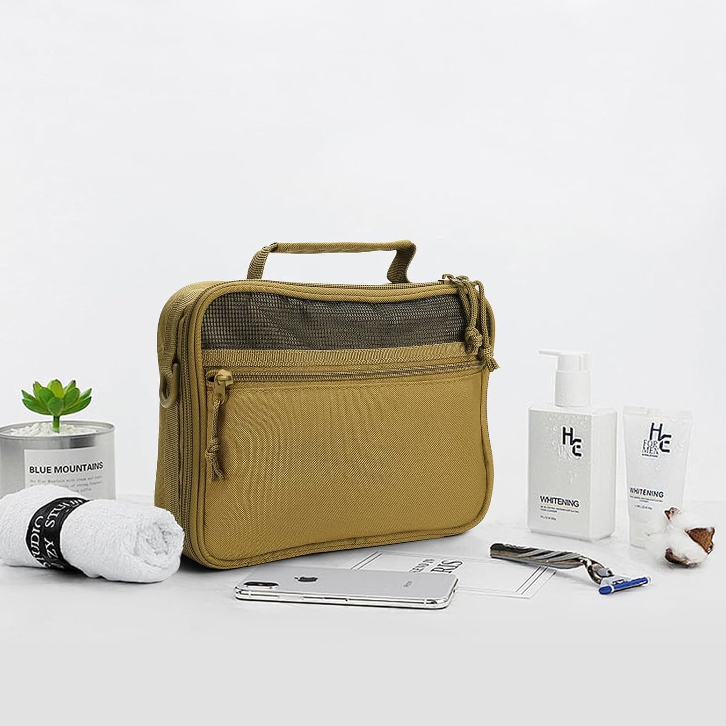 SMONT Mens Toiletry Travel Bag With Double Side full Open Design Travel Toiletry Organizer Dopp Kit Shaving Hygiene Bag Bathroom Hanging Toiletry Bag for Short Trips Tactical Toiletry Bag, Khakiï¼ˆNo
