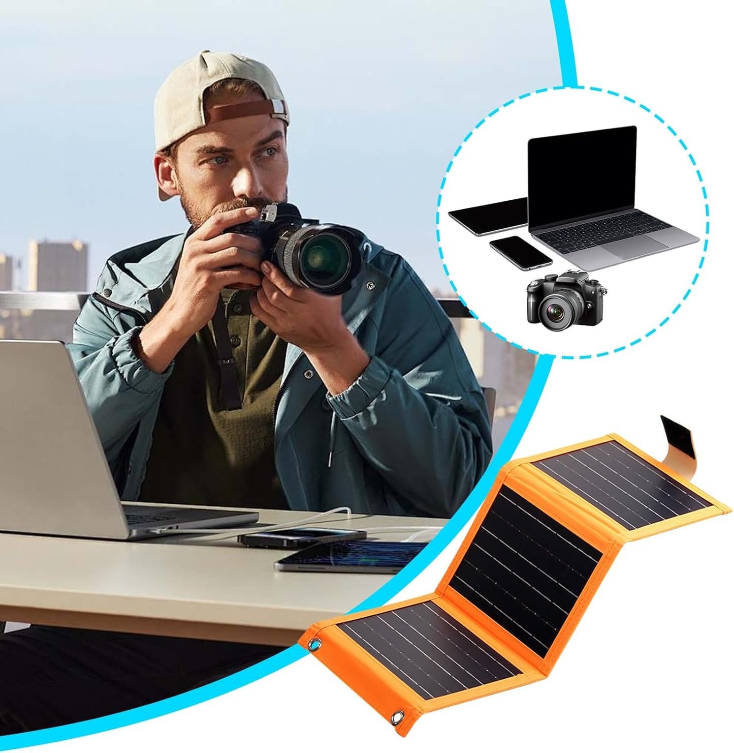 Solar Powered Charger - Solar Charging Panel with USB Port, Silicon Photovoltaic poweer Generation Panel | Solar Charger Folding, Outdoor Camping Charging Device Portable for Tablets Smartwatches