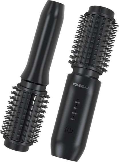 Cordless Hair Curling Iron Brush, Mini Travel Hot Straightener Comb, 3-in-1 Portable Wave Curling Wand, 1.5″ Ionic Heated Brush, USB Rechargeable Hair Curler, Black