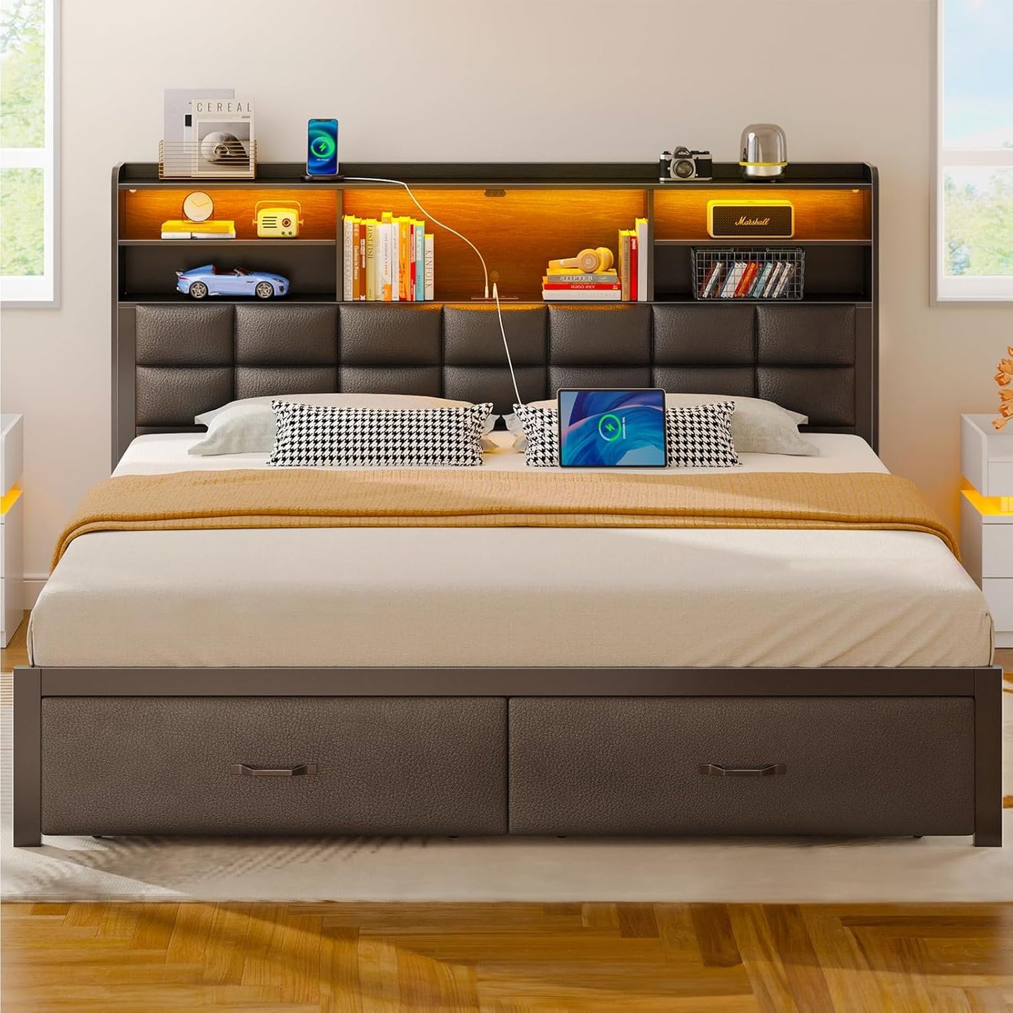 Rolanstar Bed Frame King Size with Drawers and Charging Station, Upholstered Platform Bed with Storage Headboard and LED Light, Heavy Duty Metal Frame Support, No Box Spring Needed, Noise Free, Black